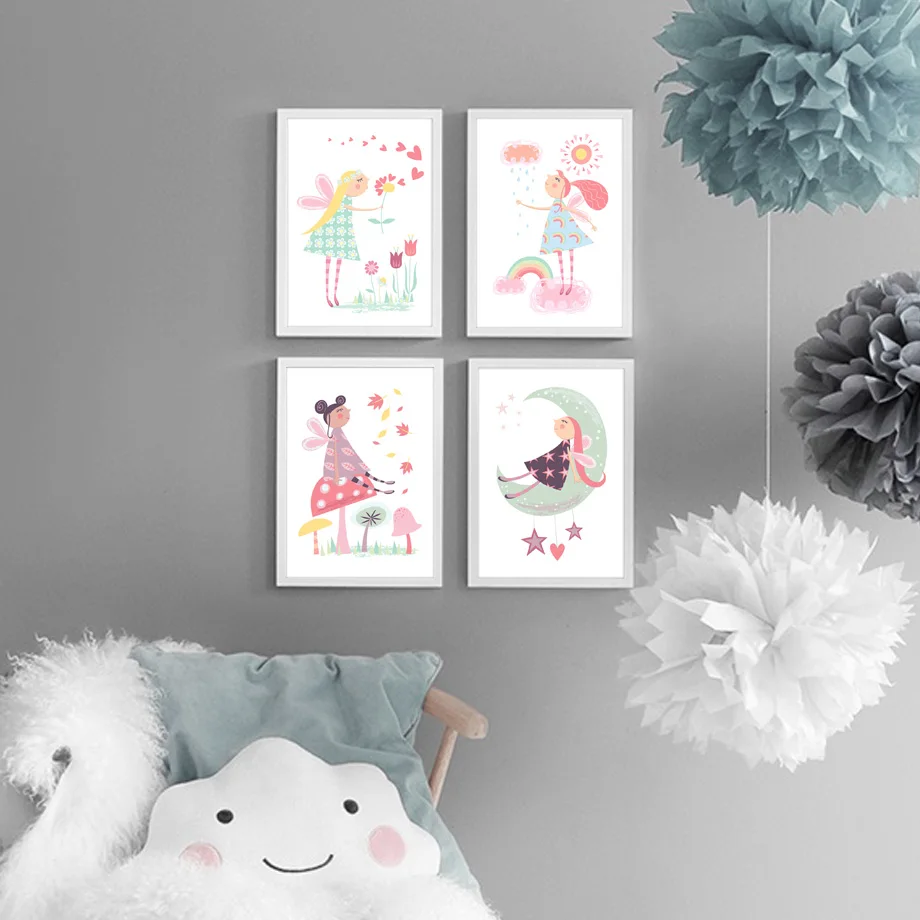 Cartoon Little Fairy Nursery Wall Art Rainbow Flower Canvas Painting Nordic Posters And Print Wall Pictures Baby Girl Room Decor