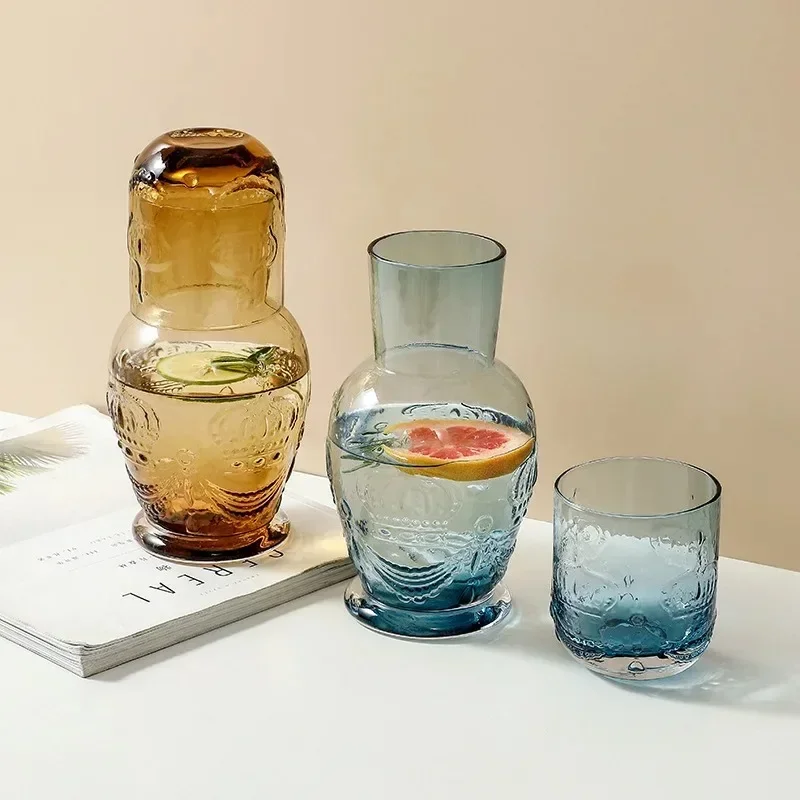 European Style Vintage Crystal Bedside Cold Hot Water Bottle Cup Sets Crystal Bedside Night Carafe Pitcher and Tumbler Glass Set