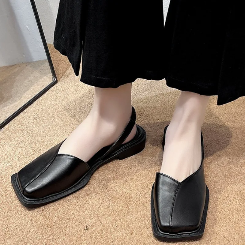 여성용 PU 가죽 스퀘어 루트 샌들, 야외 캐주얼 파티 원피스 슬리퍼, 심플한 단색 패션, 여름 새로운 스타일, 2024 