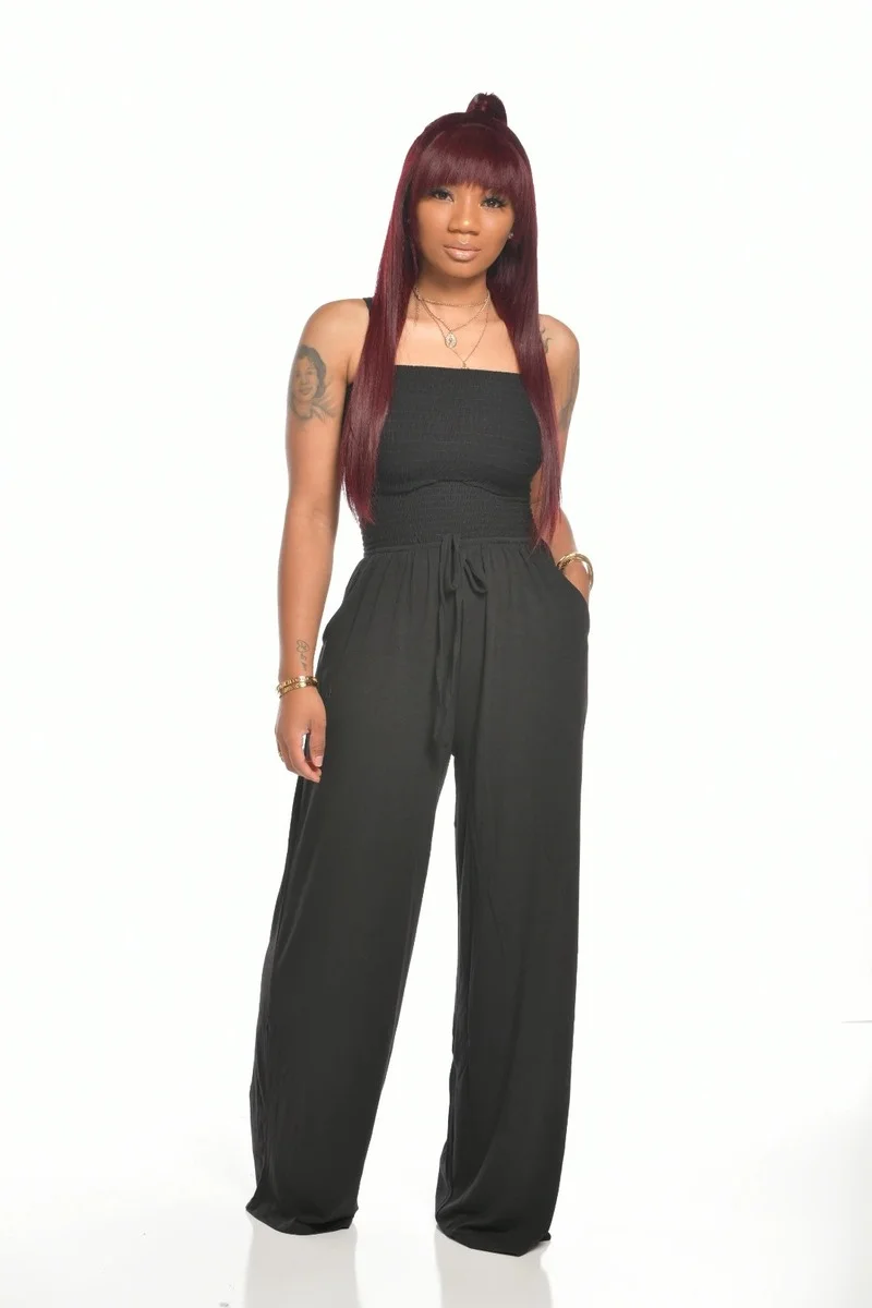2021 Casual Off Shoulder Wrap-chest Wide-leg Jumpsuits Women Spring Summer Slim Sexy Distressed Fold Sashes Rompers Plus Size