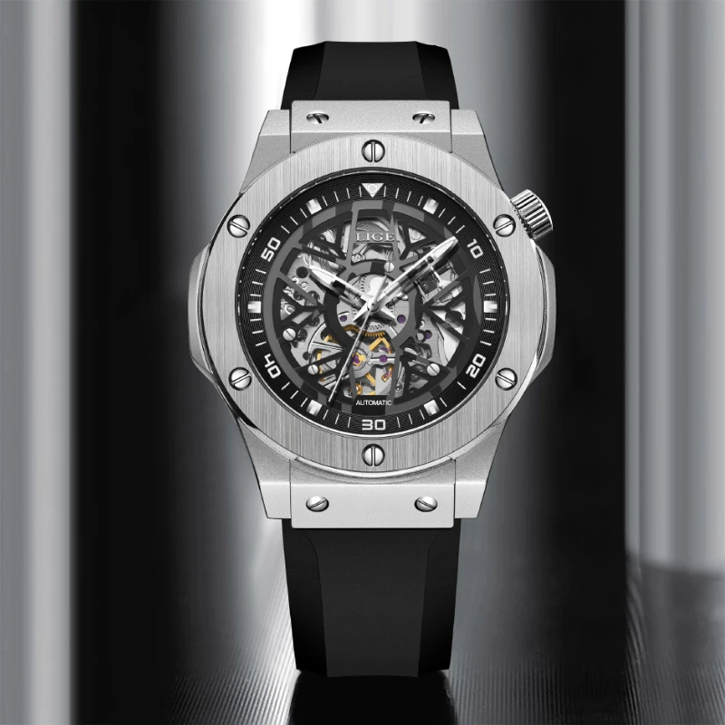 Hollow Out Design Automatic Watch For Men Luxury Stainless Steel Rubber Strap Mechanical Watch 30M Waterproof Reloj Hombre_voghion.com