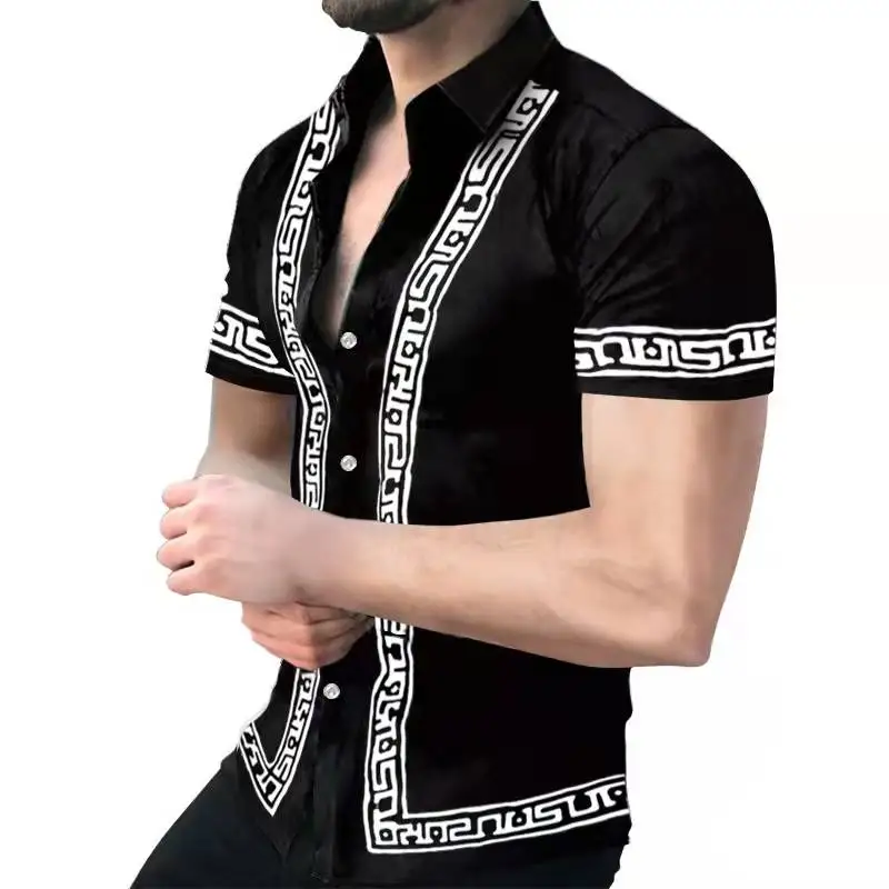 

Рубашка мужская оверсайз с отложным воротником, модная сорочка на пуговицах, топ с принтом в полоску, с коротким рукавом, в стиле ретро, на лето