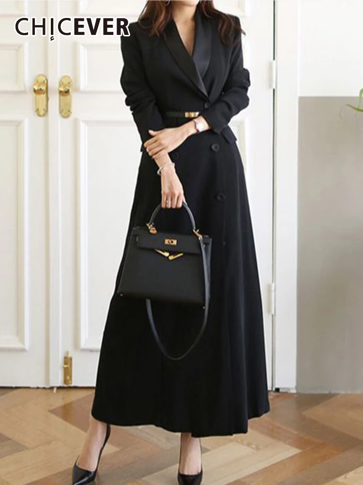 

CHICEVER Elegant Slimming Dresses For Women Notched Collar Long Sleeve High Waist Patchwork Belt Korean Solid Dress Female New