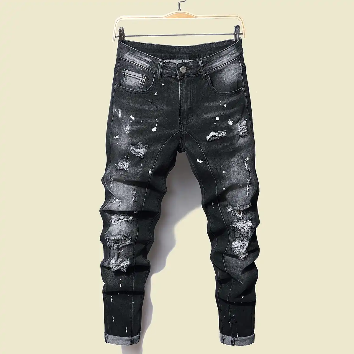 Abolido punto final madera Pantalones vaqueros negros ajustados para hombre, Jeans rasgados elásticos  ajustados, pantalones vaqueros largos, ropa de calle informal _ -  AliExpress Mobile