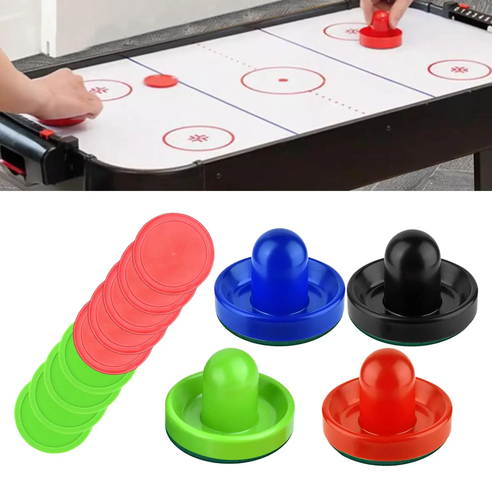 4 Colors Air Hockey Pushers Slider Pusher and 8Pcs 2 Color Pucks Air Hockey Pucks