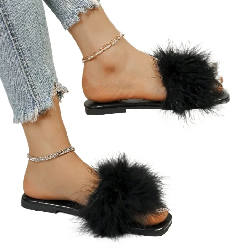 Hot Sale Women's Shoes Open Toe Women's Slippers Plus Size Daily Slippers Women Square Toe Feather Flat with Female Sandals