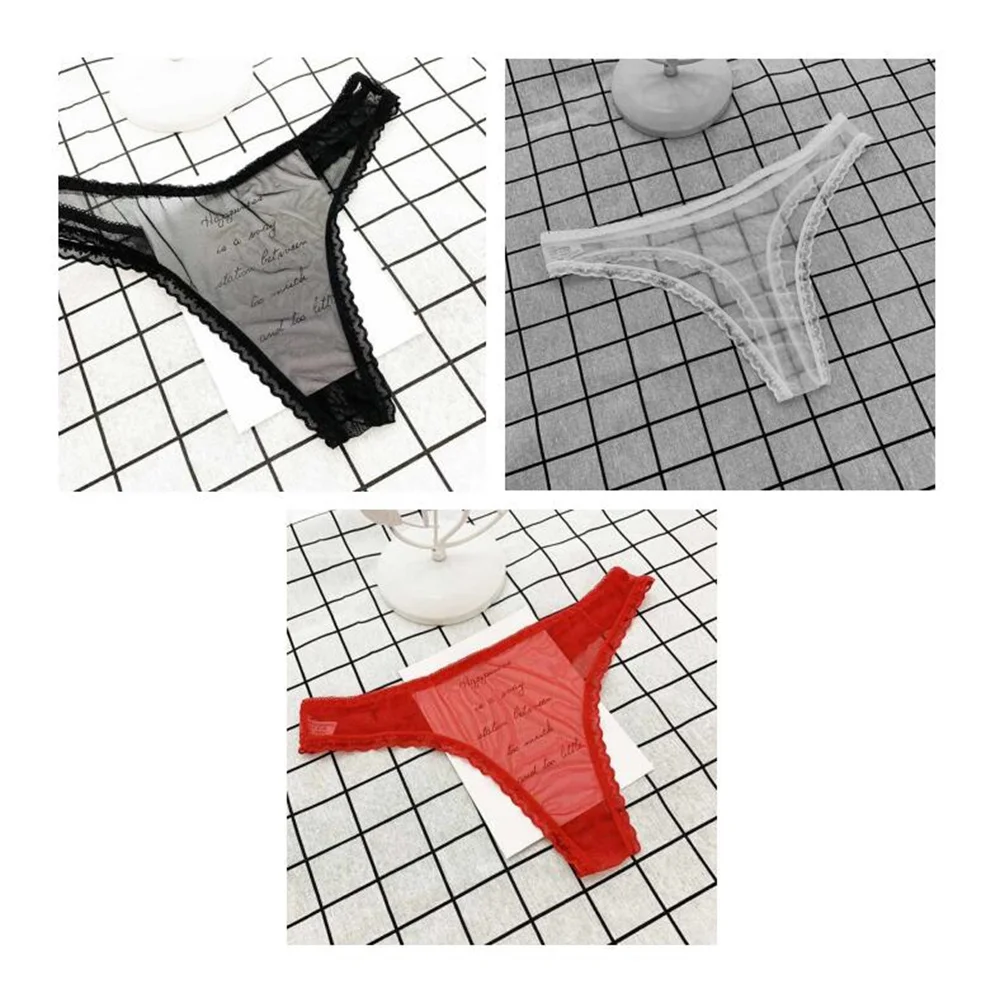 3PCS Fully Transparent Ultra-thin Sexy Thong for Women Ruffles Lace Perspective Underwear Low Waist G-string Panty