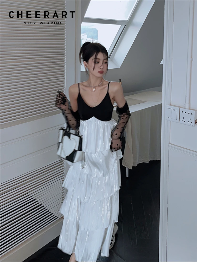 

CHEERART Glitter White Patchwork Ruffles Long Slip Dress For Women 2022 Summer Designer Vacation Holiday Midi Dress Clothing