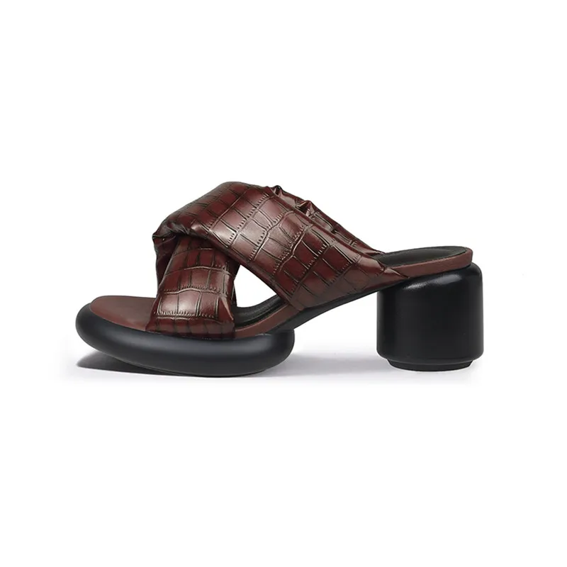 

Vintage Brown Leather Women Platform Slippers Royal Blue 6cm High Heels Beach Summer Shoes Cross Strap Lady Casual Slides Femmes
