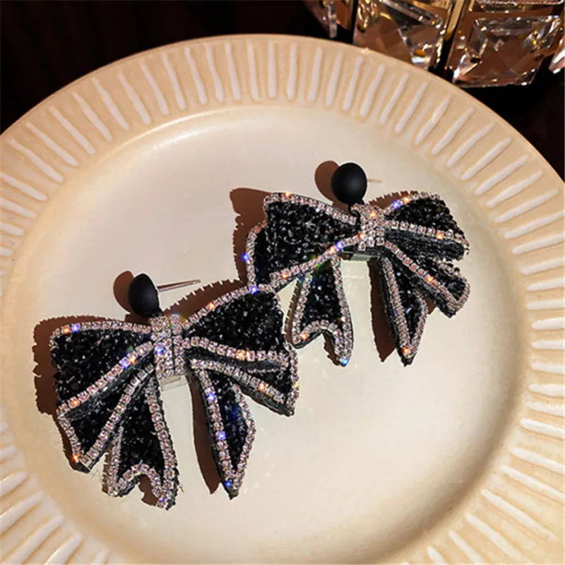 FYUAN Korean Style Black Bowknot Dangle Earrings Women Rhinestone Earrings Weddings Party Jewelry Accessories drop earrings,dangle earrings,long earrings