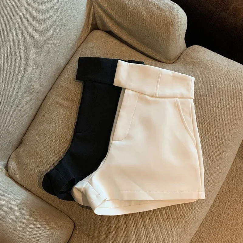 Elegant Suit Shorts Women Solid High Waist Wide Leg Shorts Office Lady Korean Fashion Black White Simple All Match Short Pants
