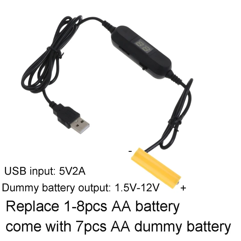 USB to 1.5V 3V 4.5V 6V 12V LR6 AM3 AA Dummy Battery Cable Replace