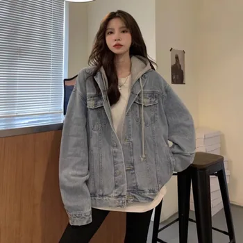 플러스 사이즈 뚱뚱한 소녀 봄과 가을 새로운 느슨한 틈새 후드 데님 코트 여성 독특한 슈퍼 좋은 긴 소매 카디건 탑