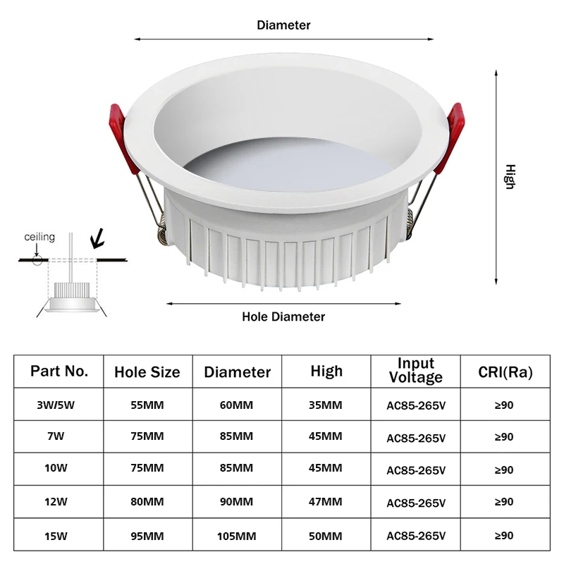 thumbnail image 1 of Lámpara de techo LED regulable antideslumbrante, foco LED de 3 W, 5 W, 7 W, 10 W, 12 W y 15 W, iluminación de fondo para interiores, CA 220 V, 110 V, 1 of 5