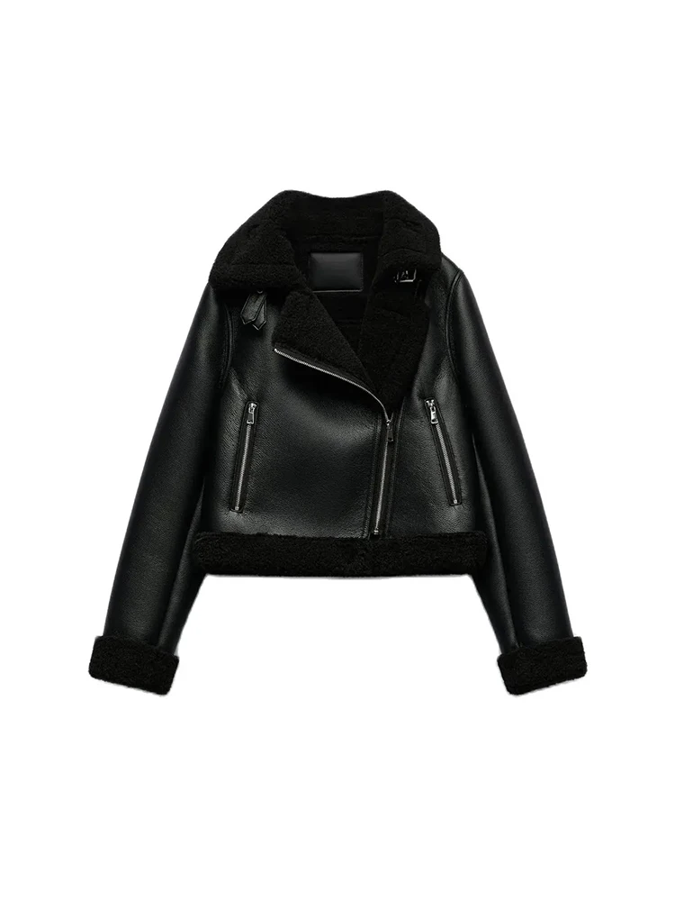 TRAF Women's Winter New Fashion Casual Jacket Jacket Thickened Warm Loose Fur One Coat Coat Long Sleeve Zip Retro Short Jacket 2