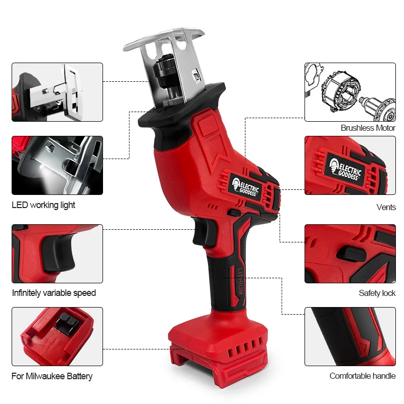 Electric Goddess Reciprocating Saw Cordless Multifunctional Metal Tree Cutting Saw Power Tool For Milwaukee 20V Battery ﻿Pin