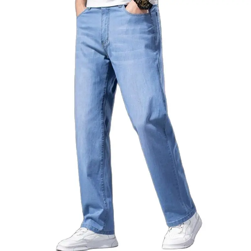 

Men's Straight Cut Jeans Summer Loose Pants Light Blue Straight Leg Pants Fit Male Large Size 44 46 Business Denim Trousers