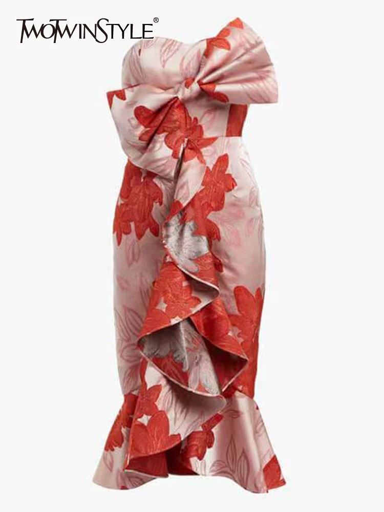 TWOTWINSTYLE 여성용 패치워크 보우 드레스, 슬래시 넥 민소매 하이 웨이스트 폴드, 여름 스트랩리스 드레스, 여성 패션 2023