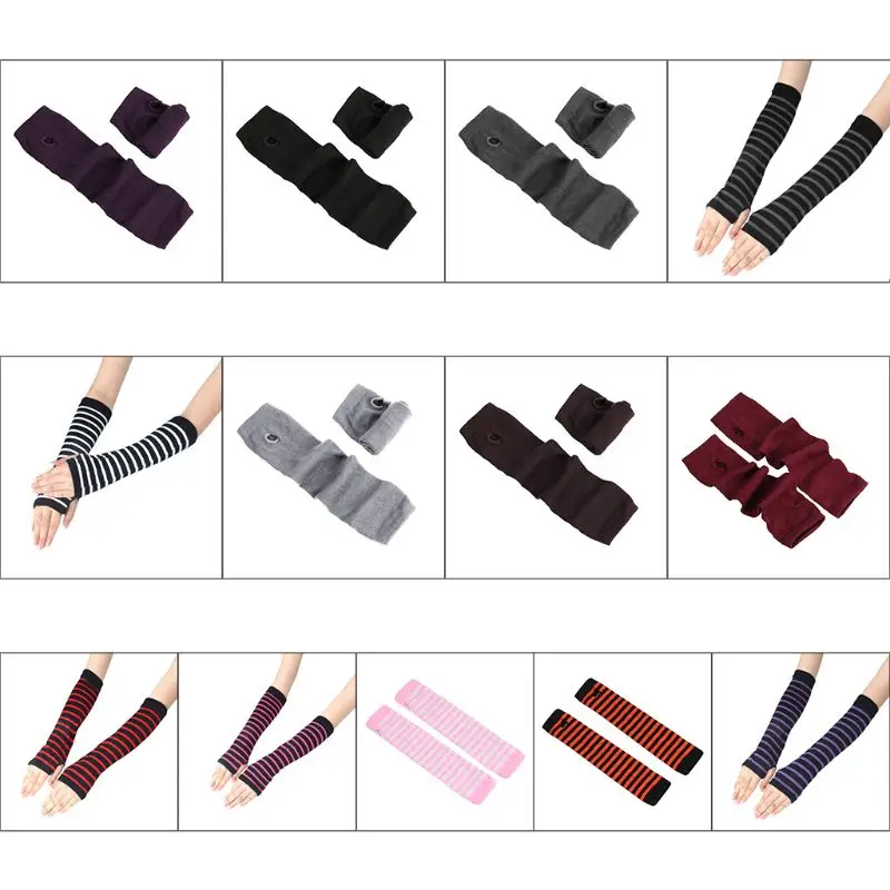 

1 Pair Thermal Arm Warmer Cycling Winter Knit Striped Fingerless Gloves Sleeves Cover with Thumb Holes for Men Women 10CF