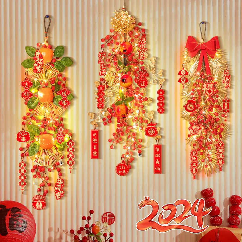 

Китайский праздник Весны 2024, декоративный настенный кулон со светодиодной подсветкой, Китайский Лунный Дракон, новогодний подвесной декор, благословение, ягода