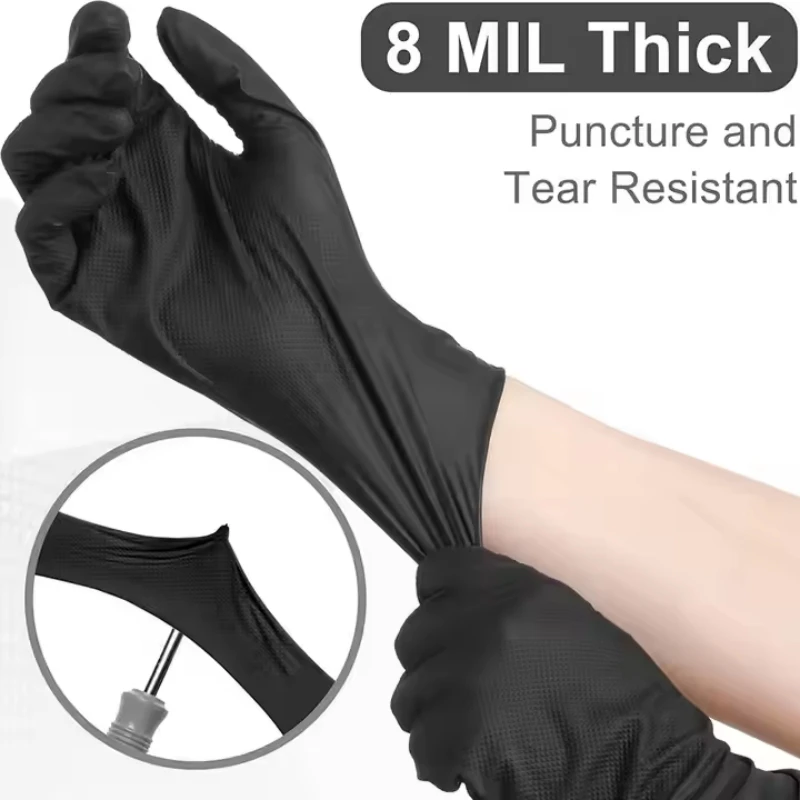 Nitrile Gloves 8Mil Heavy Duty Black Nitrile Gloves Thick Diamond Texture Disposable Gloves Tear Resistant Industrial Mechanic Cleaning