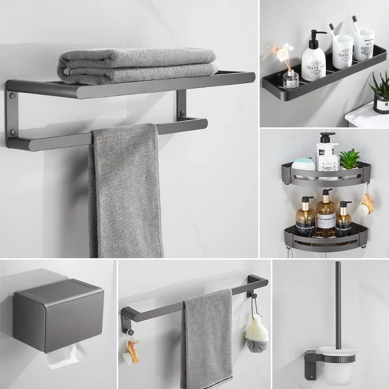 Gun gray towel rack storage rack, European style space aluminum towel rack set, bathroom hardware pendant