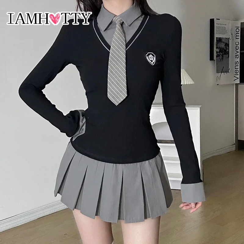 

IAMHOTTY Preppy Style Contrast Patchwork A-line Pleated Dress Korean Fashion Turn-down Collar with Tie Mini Dresses Cute Robe