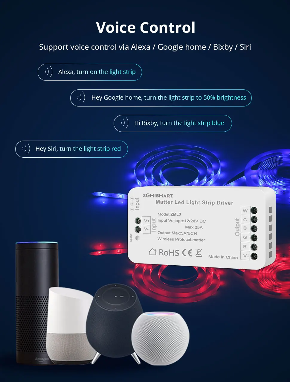 Matter Over WiFi LED Strip Light Driver RGBCW with Wireless Switch ACDC Adapter