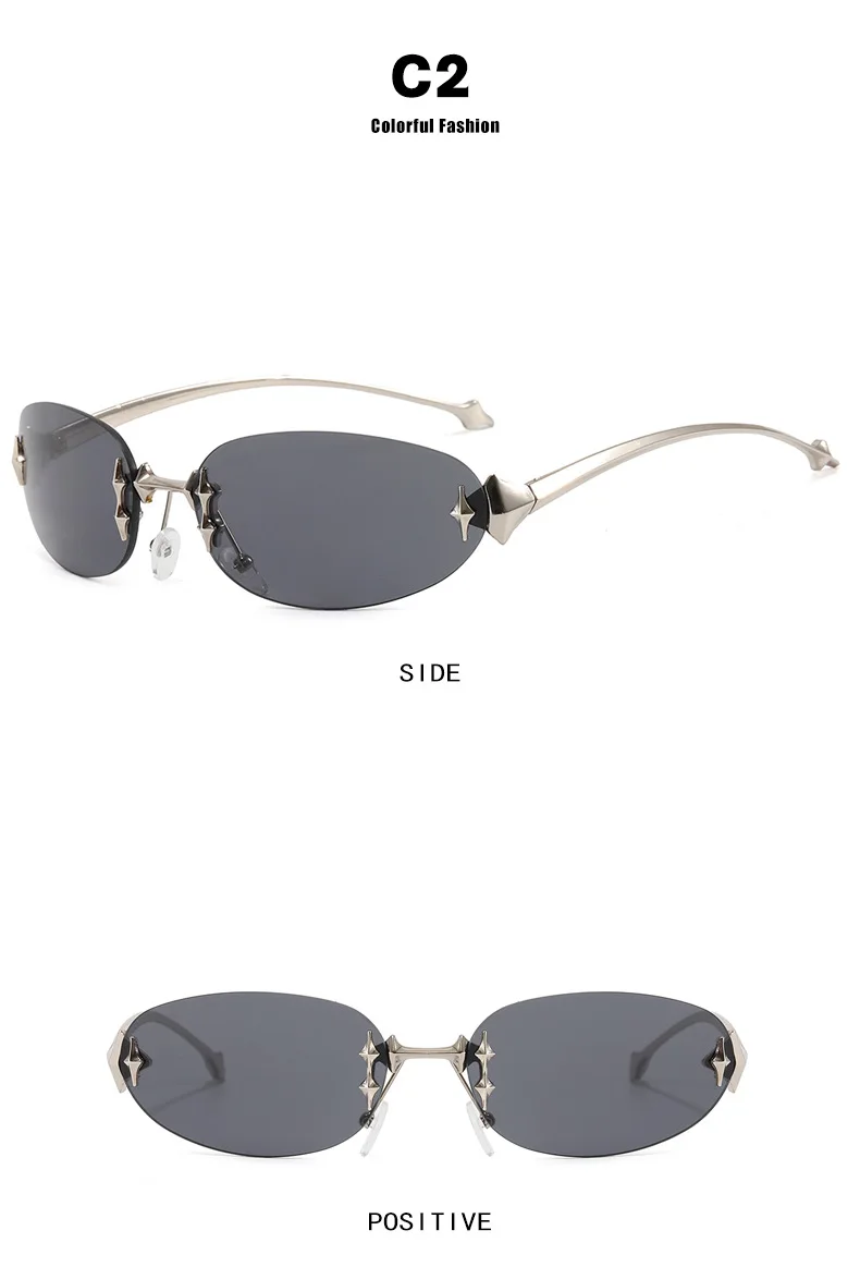 Y2K rimless elliptical fashion sunglasses with tinted lenses