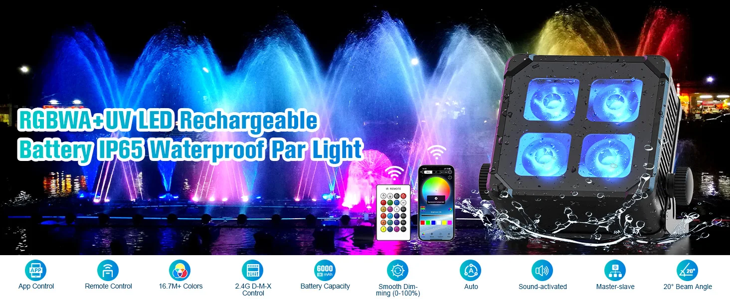 Datewink 2/4Pcs 40W Waterproof LED Par Light Rechargeable APP Remote Control RGBWA+UV Stage Light DMX For DJ Disco Party Wedding