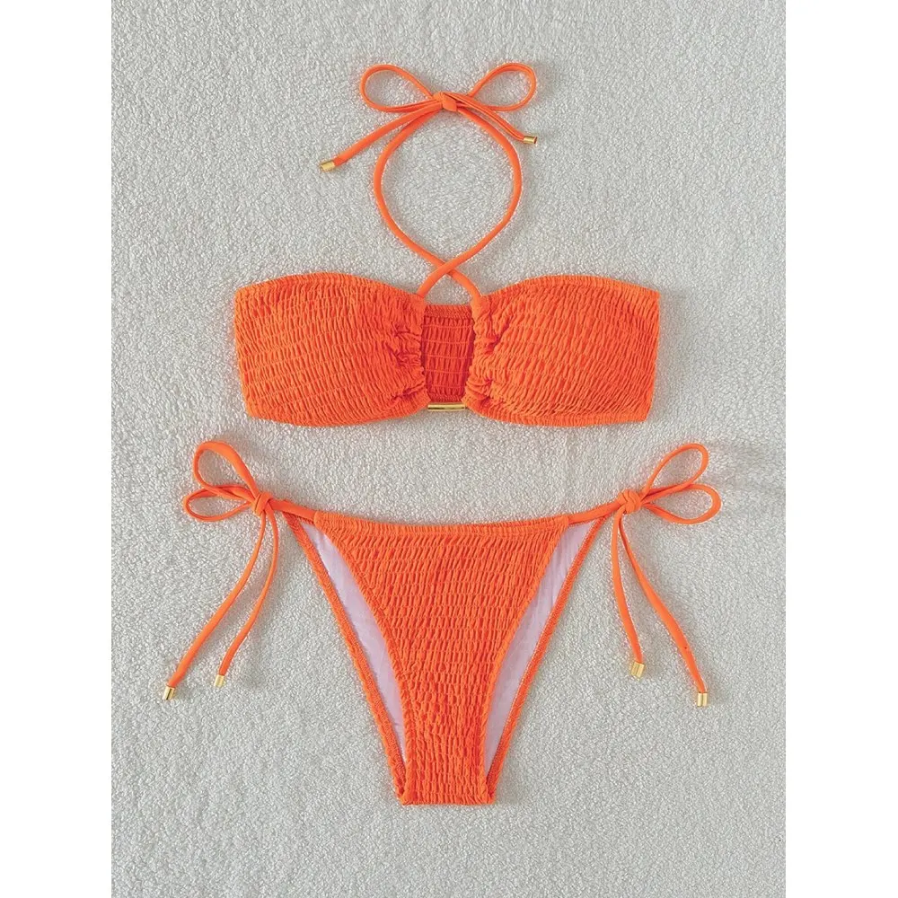

Cikini-Swim Basics Smocked Бюстгальтер на шее и нижний купальный костюм из 2 предметов со стрингами, сплошной цвет, летние пляжные купальники для женщин