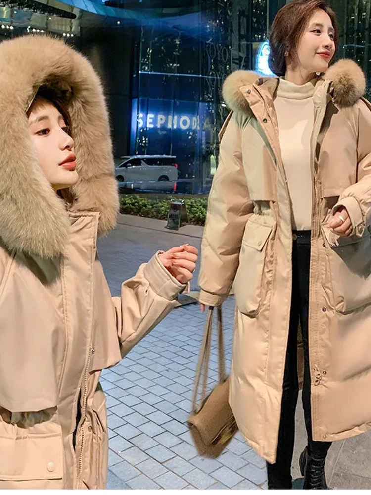 faux Fur Collar Hooded Long Parkas Chaquetas Cotton Winter Cold Padded  Overcoat Jaquetas Casual Warm Quilted New Abrigos 2023