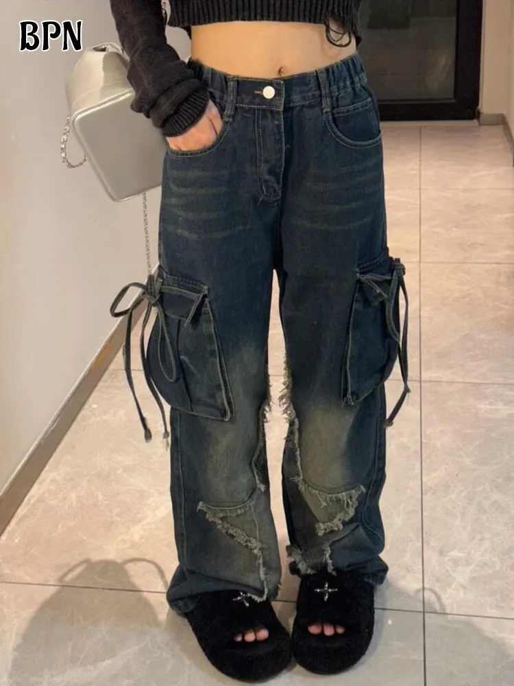 

BPN Vintage Fashion Patchwork Raw Hem Jeans For Women High Waist Hit Color Spliced Pockets Cargo Denim Pants Female Clothing New