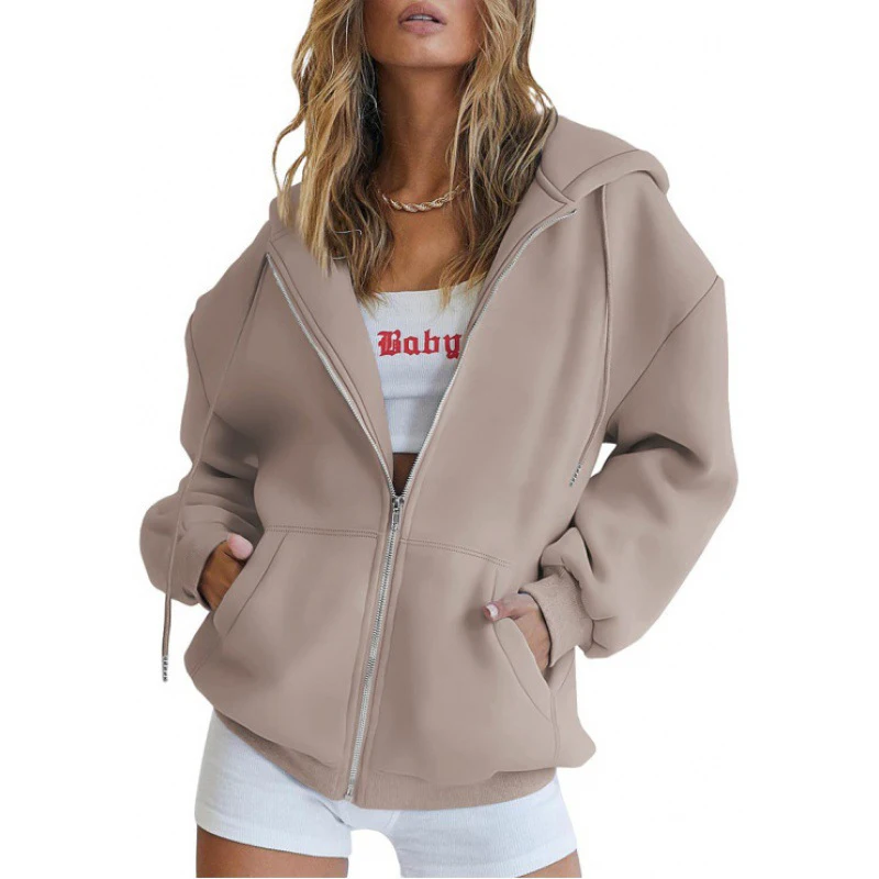 

Popular Autumn and Winter Women's Clothing Thickened Solid Color Zipper Pocket Sweater Jacket Women's Hooded Baseball Loose Top