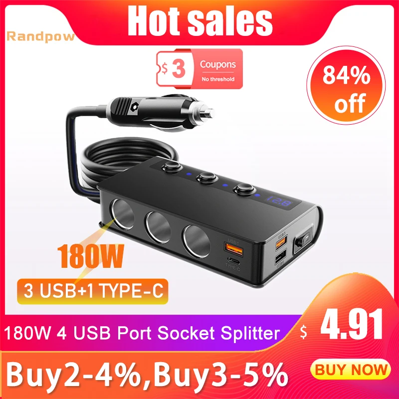 Randpow 라이터 차량용 충전기 USB 충전기, 담배 라이터 어댑터, 자동 전원 어댑터, C타입 소켓 분배기, QC3.0, 4 USB 포트, 180W