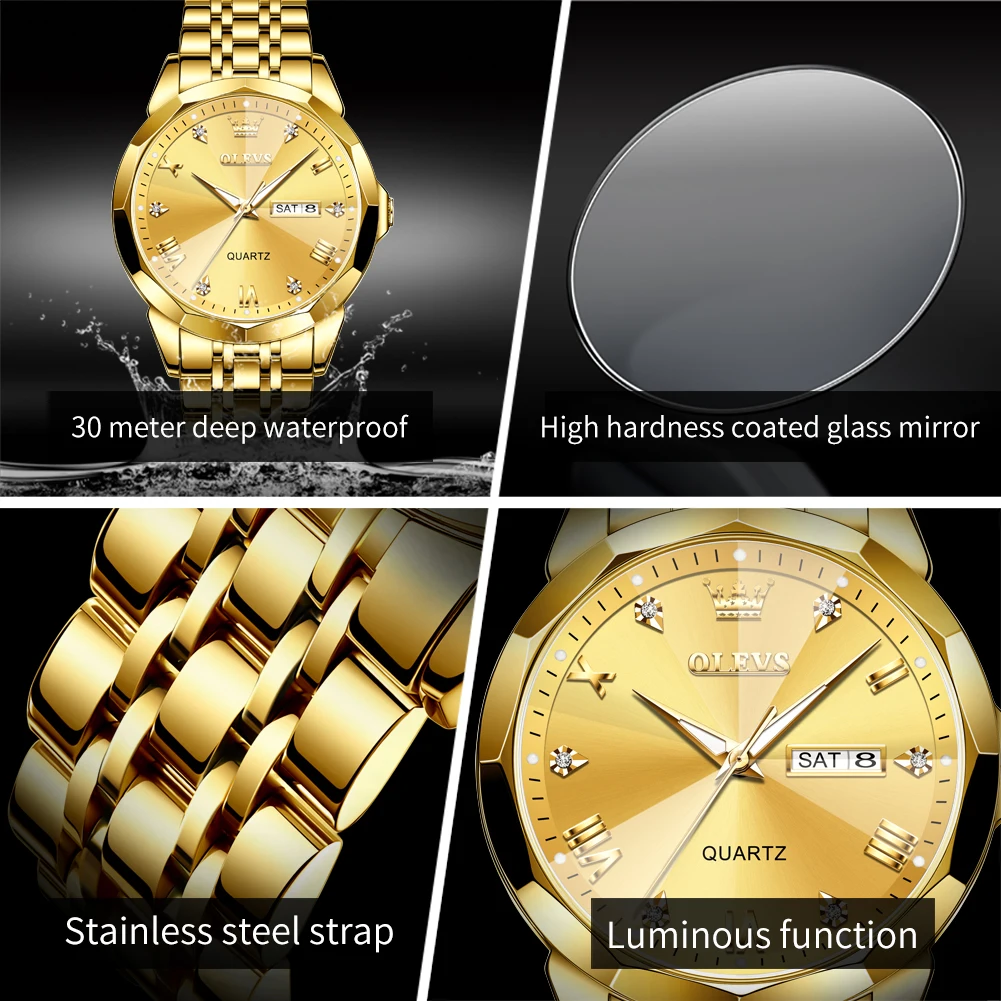 OLEVS New Fashion Gold Watches Men's Stainless Steel Top Brand Luxury Waterproof Men Quartz Wristwatches Relogio Masculino