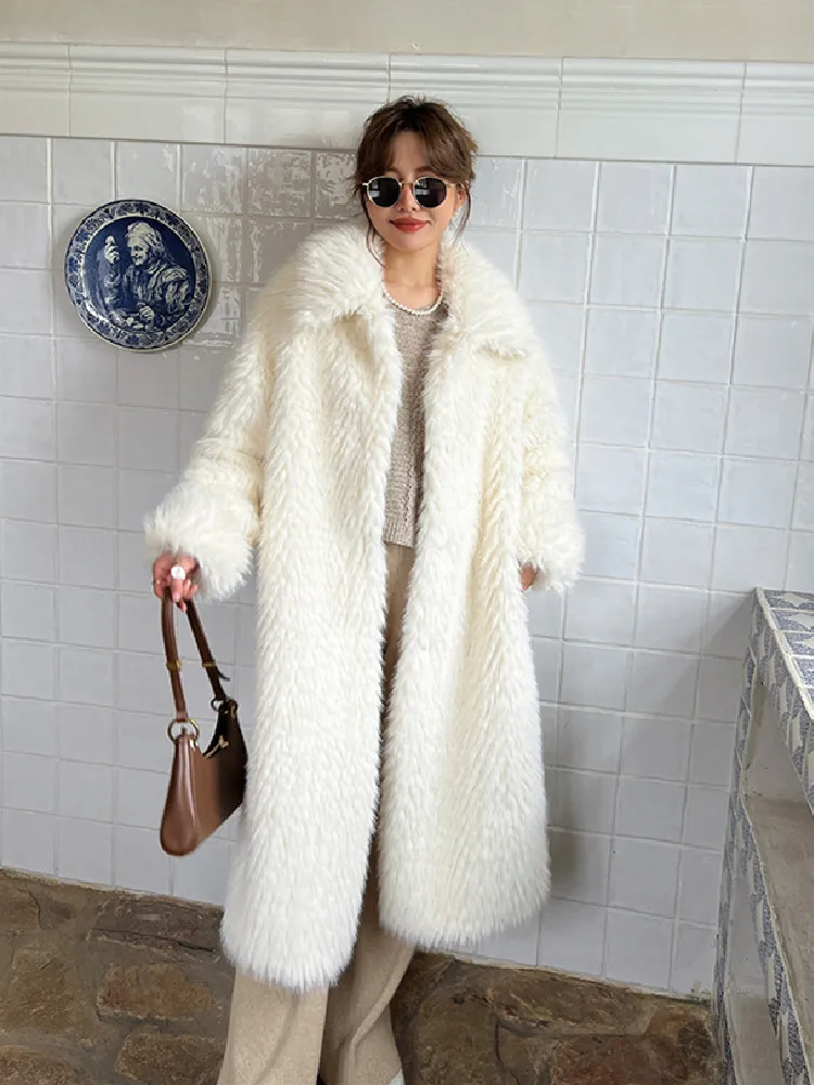 2022 Winter Lapel Collar Hairy Shaggy Faux Fox Fur Coat Ivory