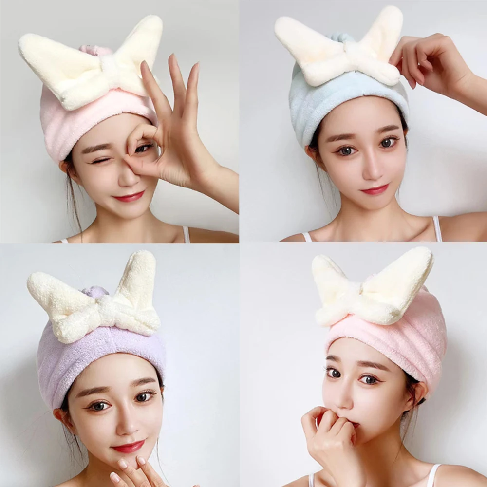 

Cute Bowtie Hair Dry Towel Soft Coral Fleece Quick Drying Hair Cap for Baby Kids Wrapper Kawaii Women Shower Absorbent Towel Hat