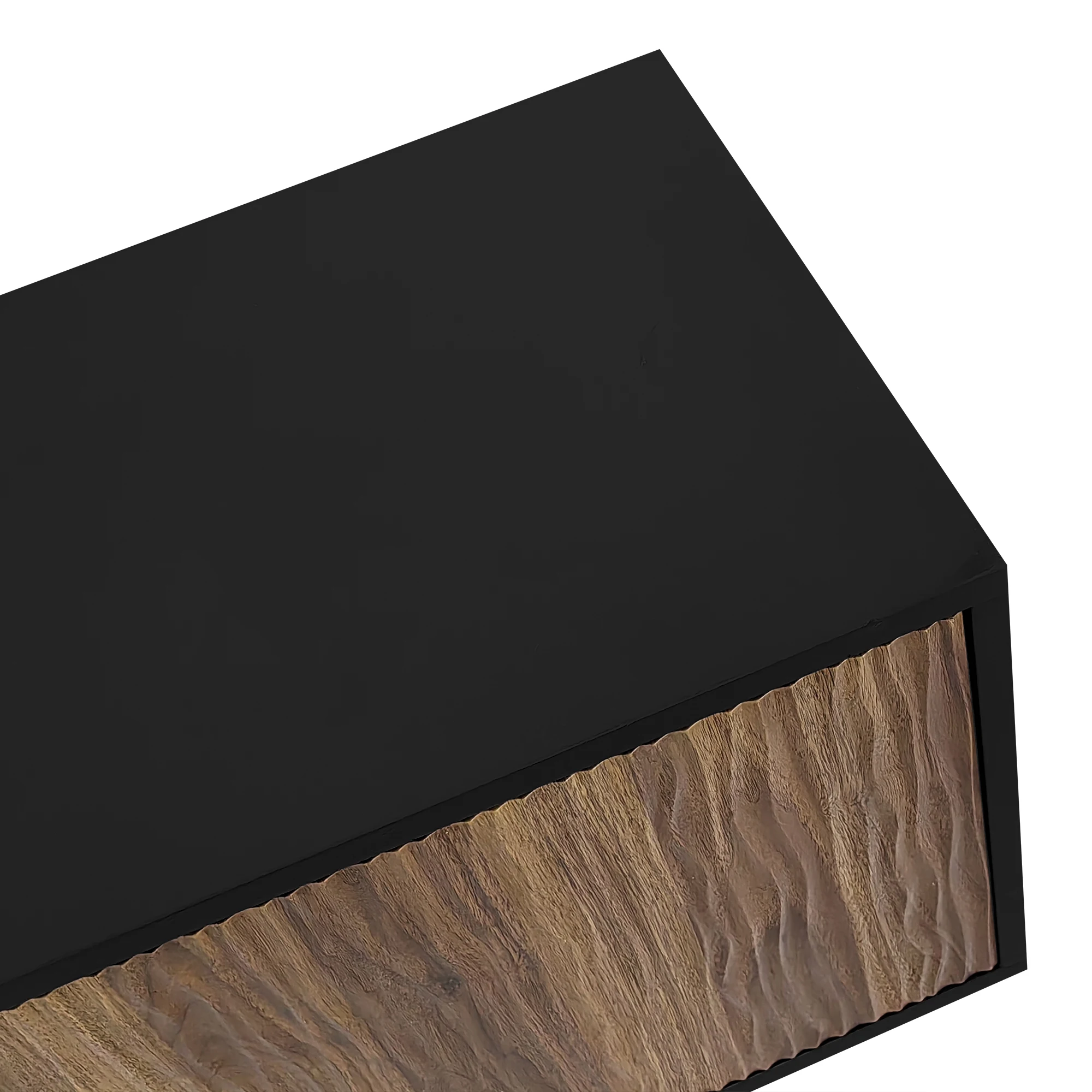 TV-Schrank, Lowboard mit Türpaneelen mit Wasserwellenmuster und drei Schubladen in einem Holz- und schwarzen Farbschema. – Detail 13