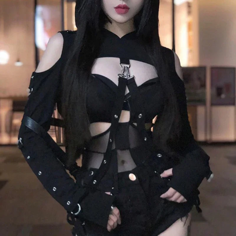 Spring and Autumn New Lady Cover Up Hoodie Women's Irregular Hole Short Hoodie Patchwork Pullover Hooded Long Sleeved Top