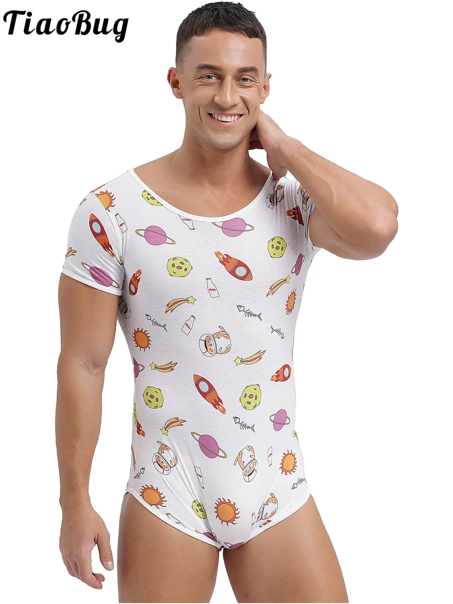 

Men Adults Cartoon Print Romper One Piece Lingerie Buttons Crotch T-shirt Bodysuit Short Sleeves Pajamas Underwear Sleepwear