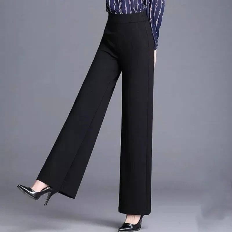 

Autumn and Winter Women's High Waist Patchwork Pockets Folds Loose Solid Elastic Fashion Casual Elegant Commuter Wide Leg Pants