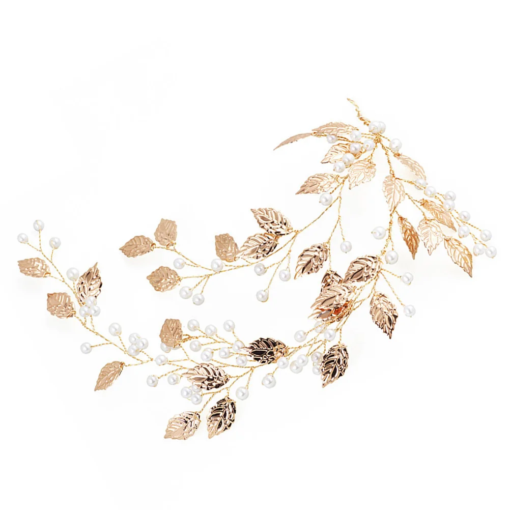 

Golden Leaves Headband Pearls Decorative Head Chain Hair Band Headwear Bridal Hair Accessories Bridesmaid Headdress (Golden)