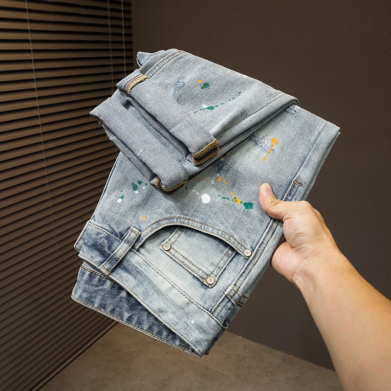 Men's Street Fashion men's jeans vintage light Grey blue elastic slim hole jeans painted designer hip hop trousers
