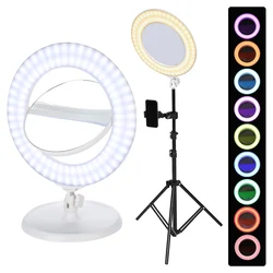 Dual Sides Makeup Mirror + Dimmable LED Multicolor Ring Light + Tripod Stand for Video Shooting