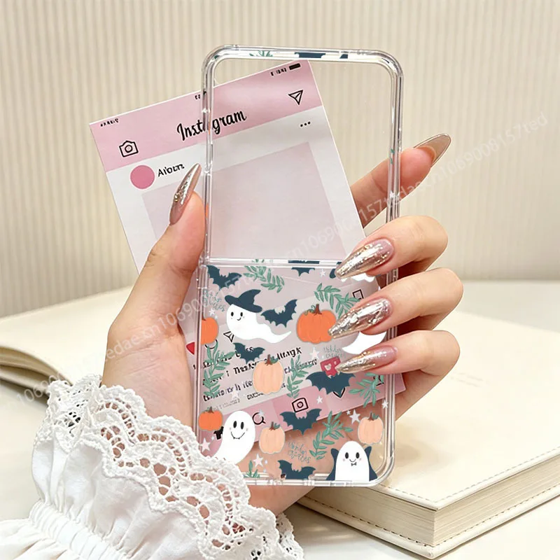 Funny Halloween Pattern Clear Folding Phone Case with Pumpkin and Flower Design