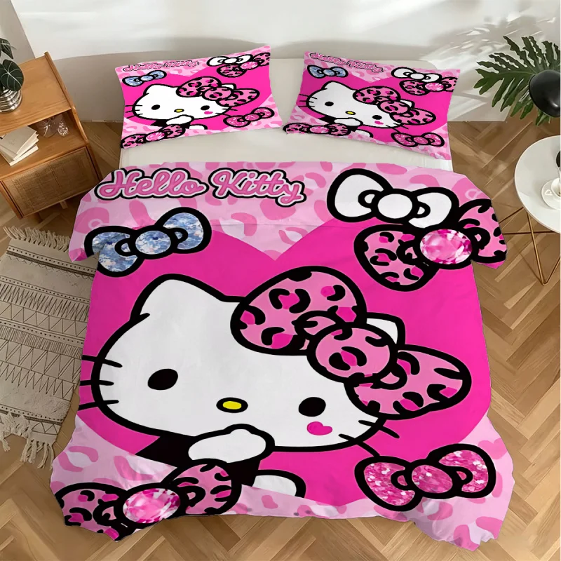 Hello Kitty Bedding Set 3PcsPink Swirl Print Duvet Cover with PillowcaseAnime Cartoon Bed Linen for Girls Kids Bedroom Decor 1