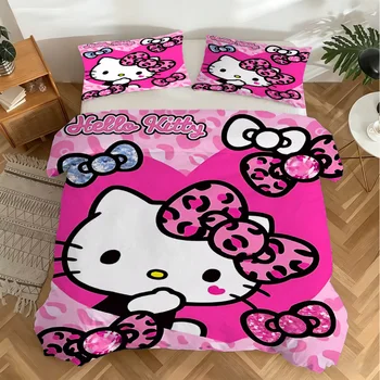 Hello Kitty Bedding Set 3PcsPink Swirl Print Duvet Cover with PillowcaseAnime Cartoon Bed Linen for Girls Kids Bedroom Decor 1