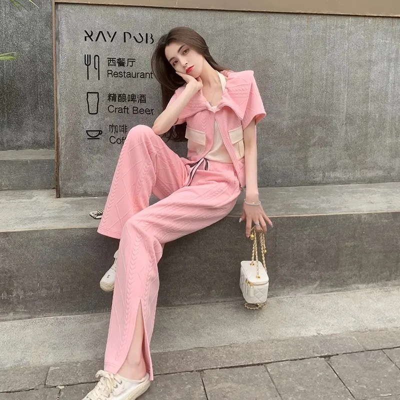 

Pink Two-Piece Set for Women Short Sleeved Zipper Tops Elastic Waist Casual Pants Elegant Suit Fashion Summer 2023
