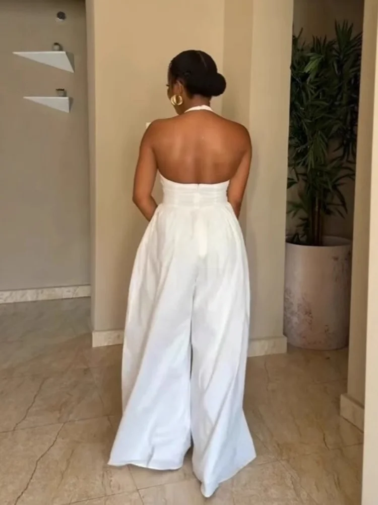 Wmstar Jumpsuit Women 2025 Wholesale Elegant Halterneck V Neck Backless Bodycon Solid Color Wide Leg Romper Drop Shopping